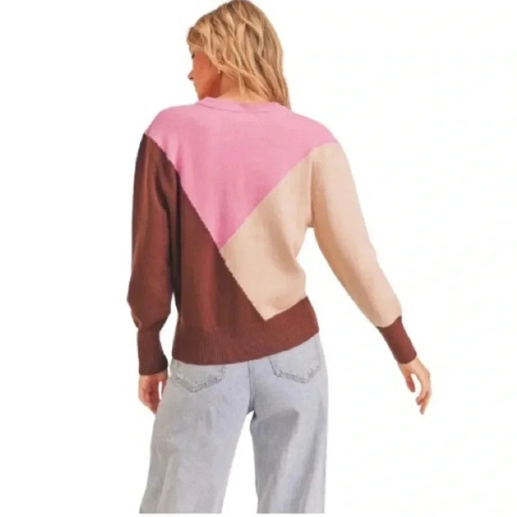 LUSH Women Pink Cognac Supersoft Geo Colorblock Crewneck Jumper Sweater Size S - Picture 2 of 7